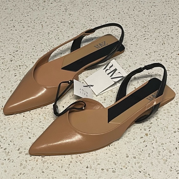 Zara Shoes - ZARA Flat Slingback sandal shoes 7.5 Tan Black Color block NEW NWT